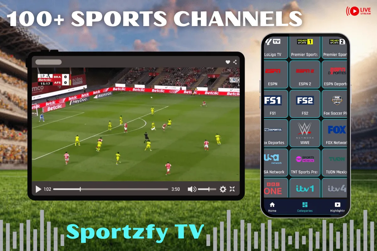 Over 100 sports channels available on Sportzfy TV